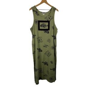 Vintage KELLY STEVENS Block Print Long Sundress Green Large Linen Blend Artsy